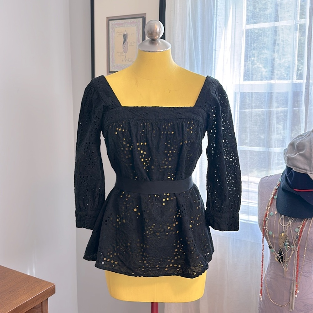Designer: Milly 3/4-sleeve Black Eyelet Square-neck Top, Sz. 4 (semi-open back)